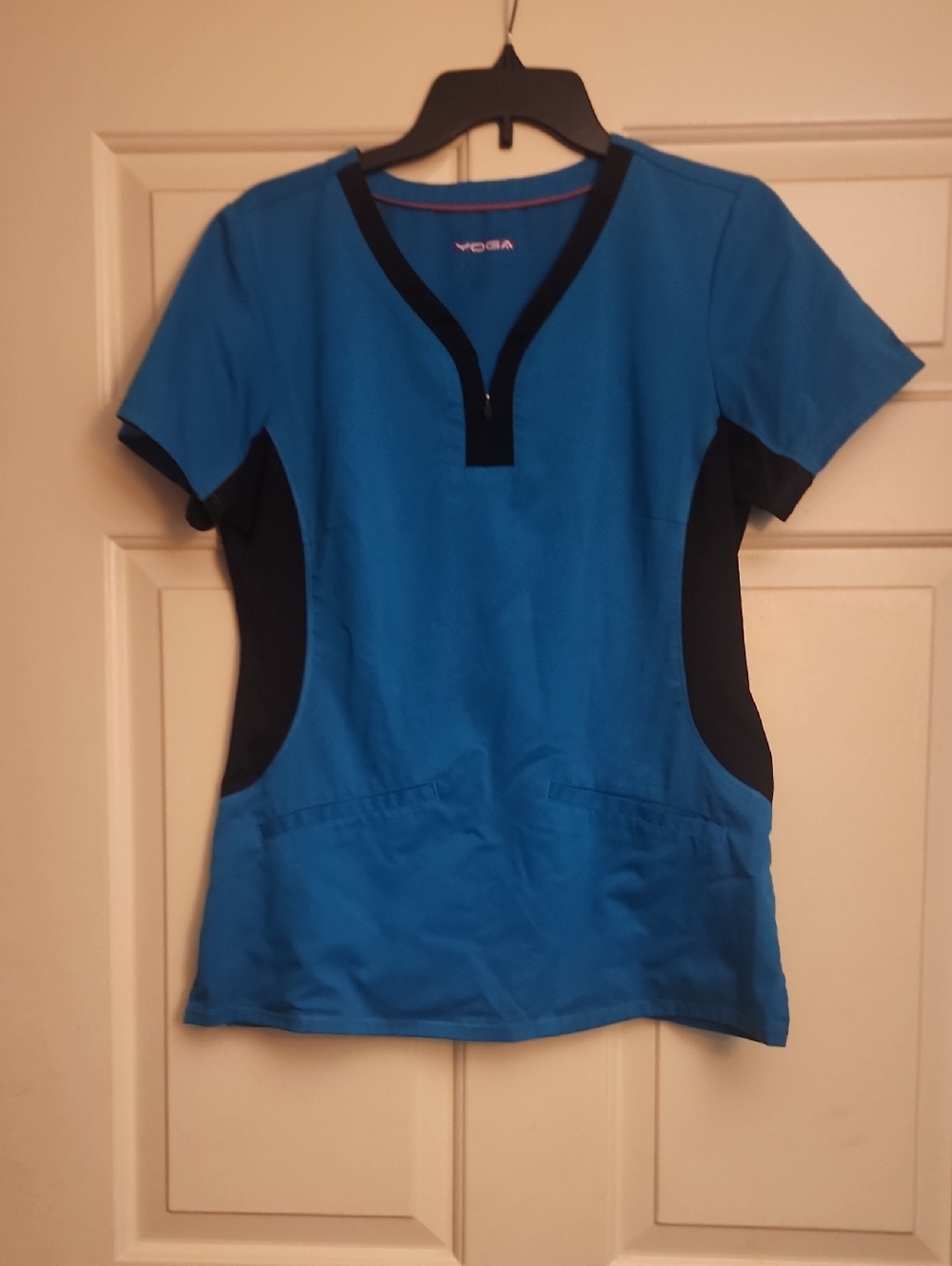 Voga Blue V-Neck Short Sleeve Top with Black Panels